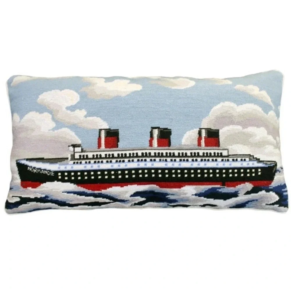 Vintage Wool Needlepoint Normandie Nautical Them Decorative‎ Pillow 15Hx28Wx5D